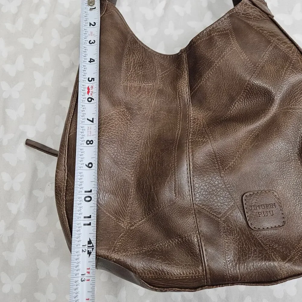 Jingpin Piju Brown Vegan Leather Patchwork Slouchy Hobo Shoulder Bag Boho Y2K